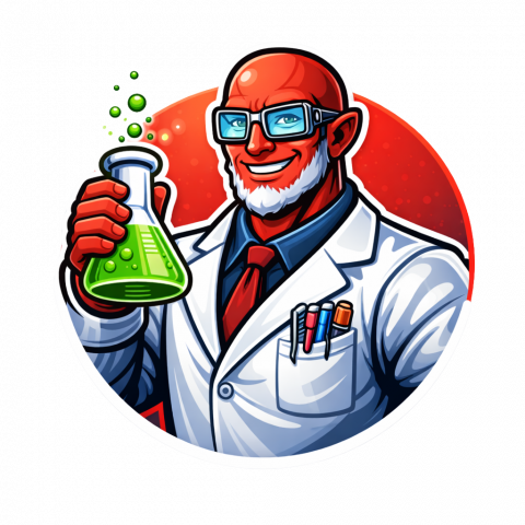 Bolton Rogers in his volcano lair with a green chemistry flask